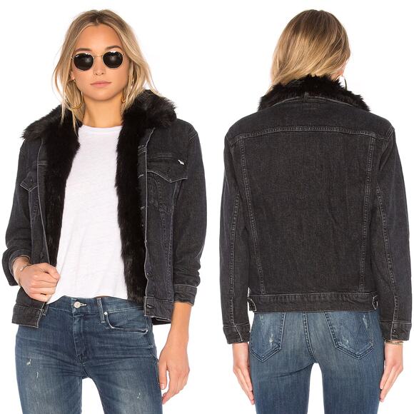 MOTHER The Furry Drifter Jacket Women’s Size Medium Black Denim Faux Fur Lining - Picture 1 of 5
